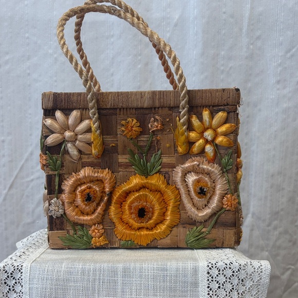 Vintage Woven Basket Floral Embellished Handbag - Picture 1 of 8